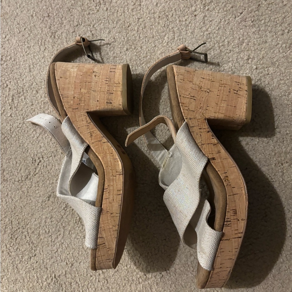 Toms White Cork Wedge Sandals